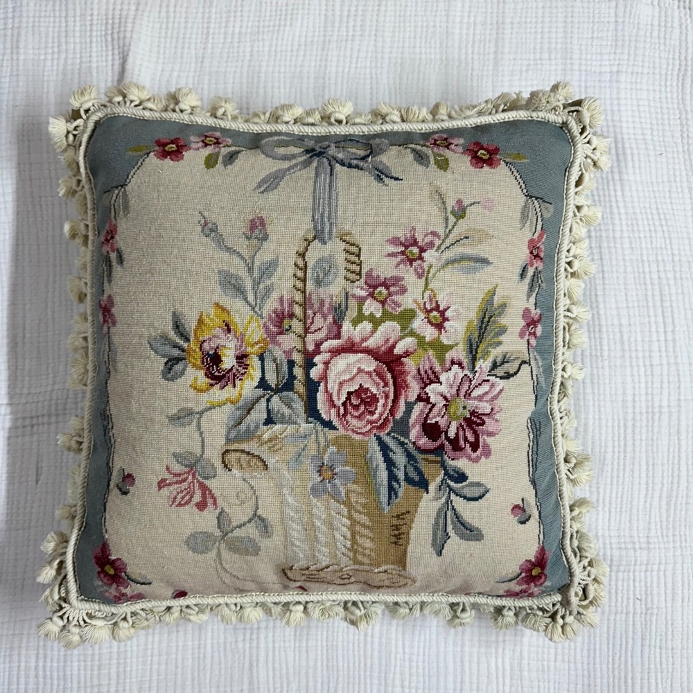 Basket of flowers Needlepoint Pillow and Feather insert 22"x22" c Cottagecore